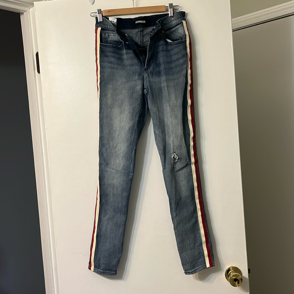 lightly worn size 2R express jeans with red and white stripe